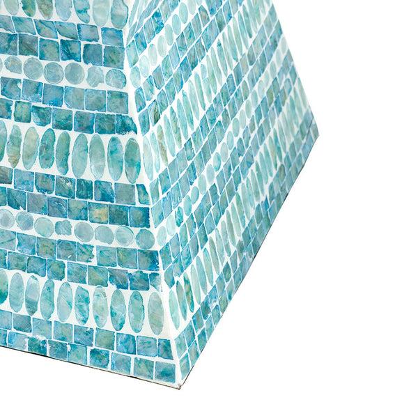 Benzara 14 Inch Capiz Accent Table Stool Blue Mosaic Geometric Hourglass Shape - BM284712