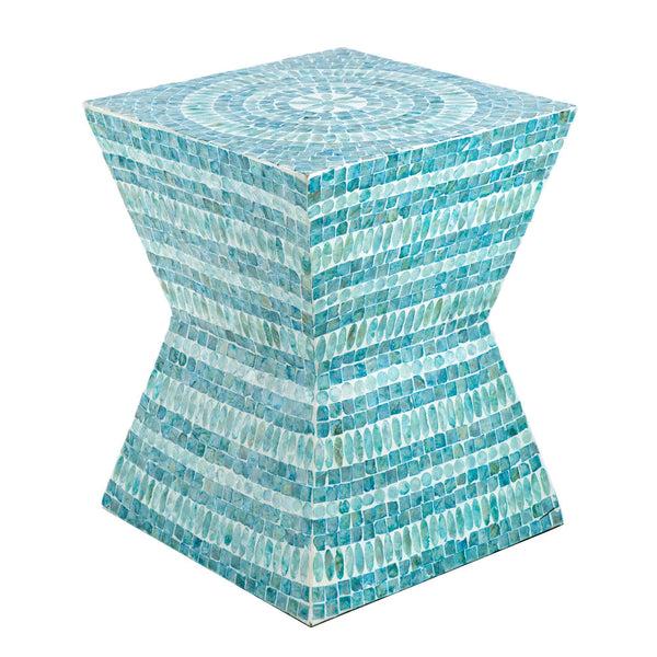 benzara 14 Inch Capiz Accent Table Stool Blue Mosaic Geometric Hourglass Shape - BM284712