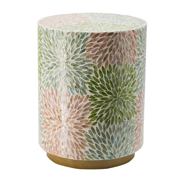 Benzara 14 Inch Cylindrical Capiz Shell Accent Table Stool Elegant Leaves Pattern - BM284711