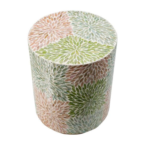 Benzara 14 Inch Cylindrical Capiz Shell Accent Table Stool Elegant Leaves Pattern - BM284711