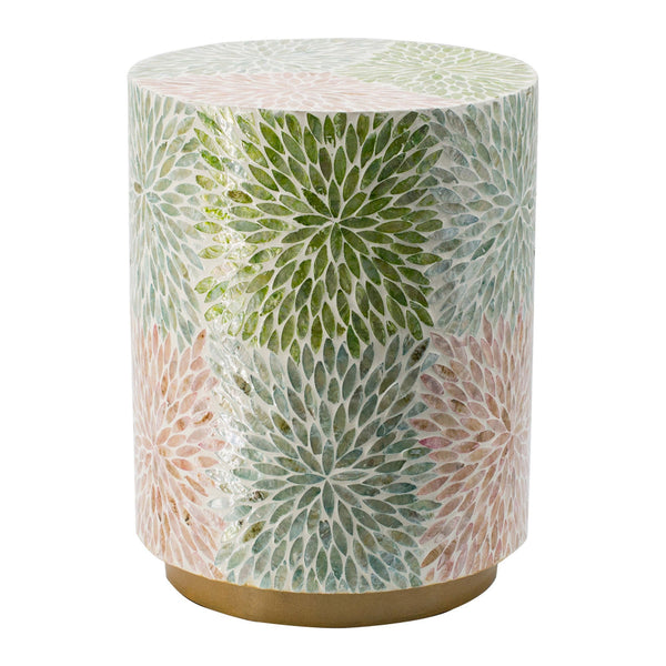 benzara 14 Inch Cylindrical Capiz Shell Accent Table Stool Elegant Leaves Pattern - BM284711