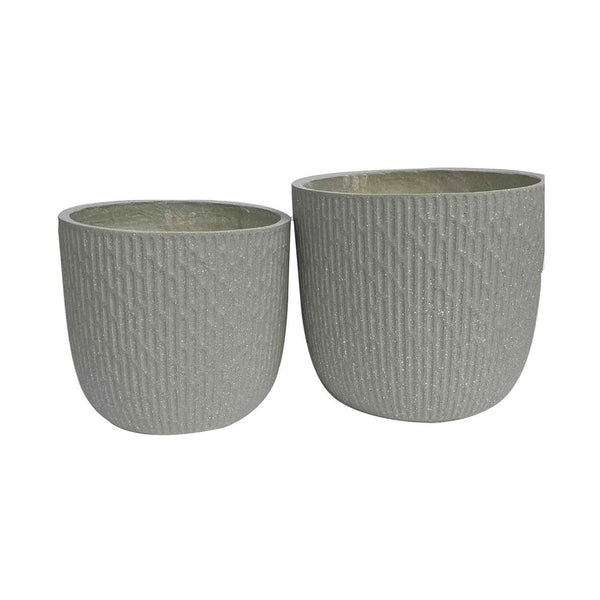 Benzara 14 Inch Planter Set Of 2 Drum Shape Engraved Design Textured Green - BM309745