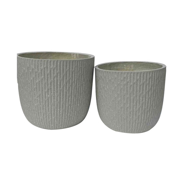 benzara 14 Inch Planter Set of 2 Drum Shape Engraved Design Textured Green - BM309745