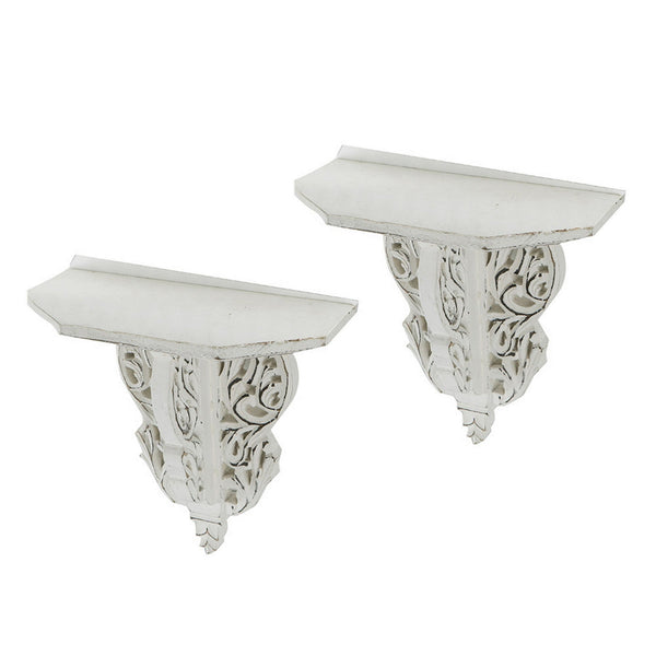 Benzara 14 Inch Set Of 2 Wall Decorations Shelves Antique White Carved Design - BM302600