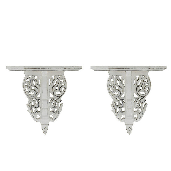 Benzara 14 Inch Set Of 2 Wall Decorations Shelves Antique White Carved Design - BM302600