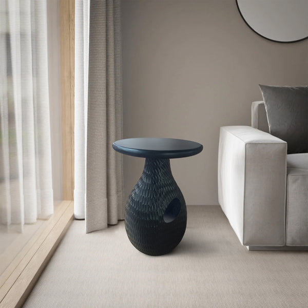 benzara 14 Inch Side End Table Artisan Handcrafted Mango Wood Embossed Teardrop Shaped Base Black - UPT-299121