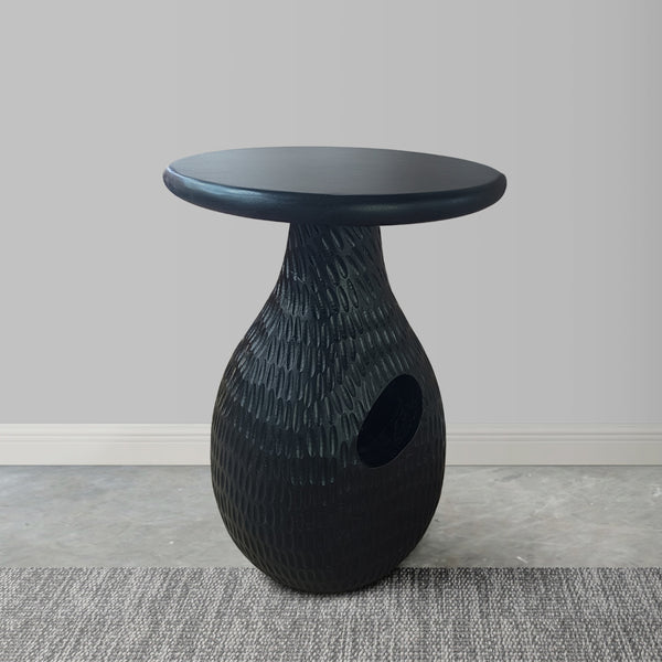 Benzara 14 Inch Side End Table Artisan Handcrafted Mango Wood Embossed Teardrop Shaped Base Black - UPT-299121