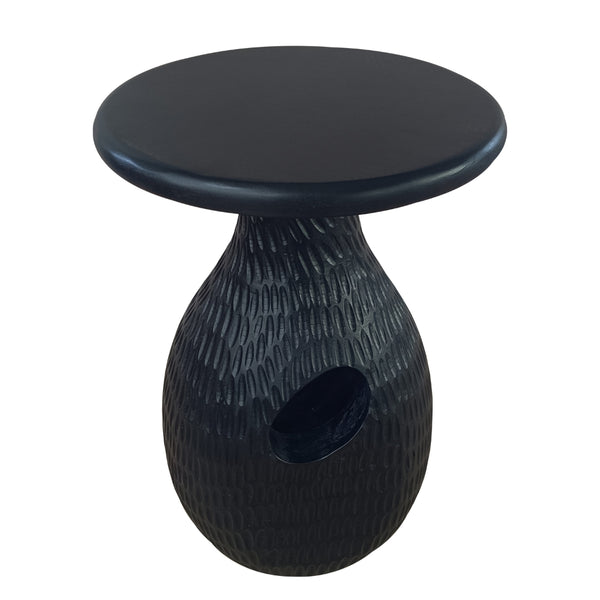 Benzara 14 Inch Side End Table Artisan Handcrafted Mango Wood Embossed Teardrop Shaped Base Black - UPT-299121