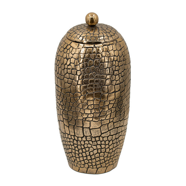 Benzara 15 Inch Aluminum Urn Lidded Top Hammered Texture Antique Gold Finish - BM302581
