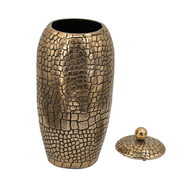 Benzara 15 Inch Aluminum Urn Lidded Top Hammered Texture Antique Gold Finish - BM302581