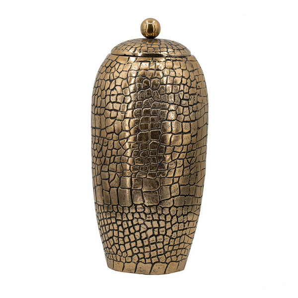 benzara 15 Inch Aluminum Urn Lidded Top Hammered Texture Antique Gold Finish - BM302581