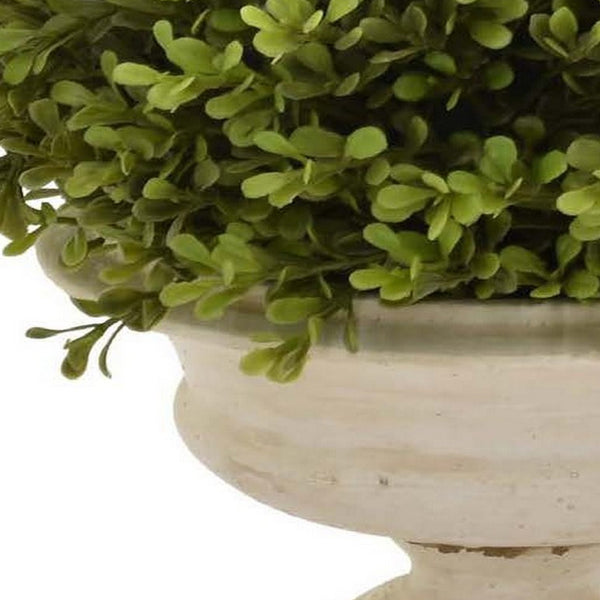 Benzara 15 Inch Faux Boxwood Topiary Plant In Urn Pedestal Pot Off White Planter - BM315663