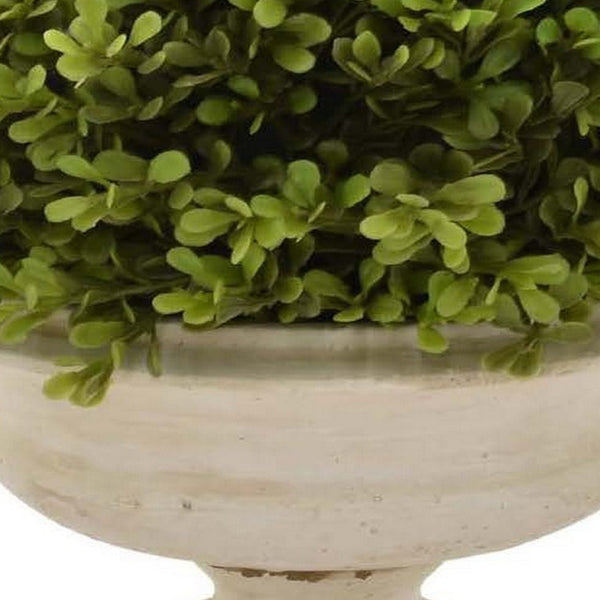 Benzara 15 Inch Faux Boxwood Topiary Plant In Urn Pedestal Pot Off White Planter - BM315663