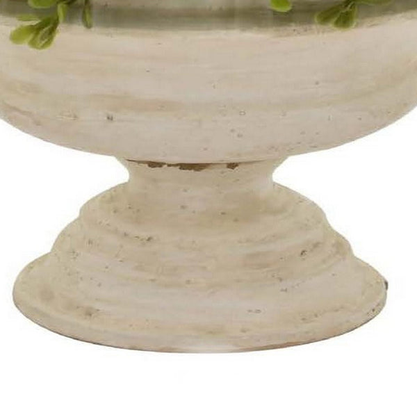 Benzara 15 Inch Faux Boxwood Topiary Plant In Urn Pedestal Pot Off White Planter - BM315663