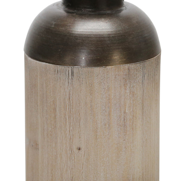 Benzara 15 Inch Metal Jar With Wooden Accent And Flared Opening Black And Brown - BM221171