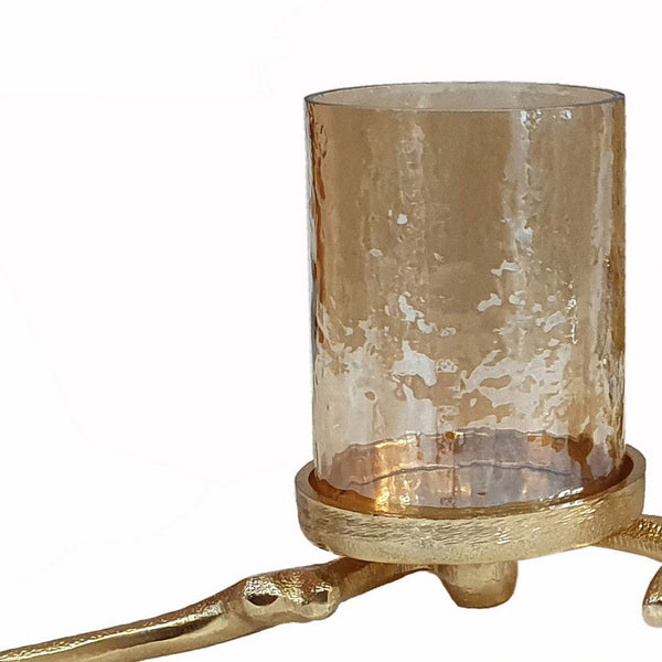 Benzara 16 Inch 3 Pillar Candle Holder Aluminum Accented Frosted Glass Gold - BM285263