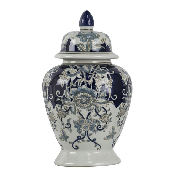 Benzara 17 Inch Porcelain Ginger Jar With Lid Vintage Blue And White Flower Design - BM285943