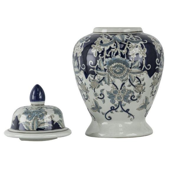 Benzara 17 Inch Porcelain Ginger Jar With Lid Vintage Blue And White Flower Design - BM285943