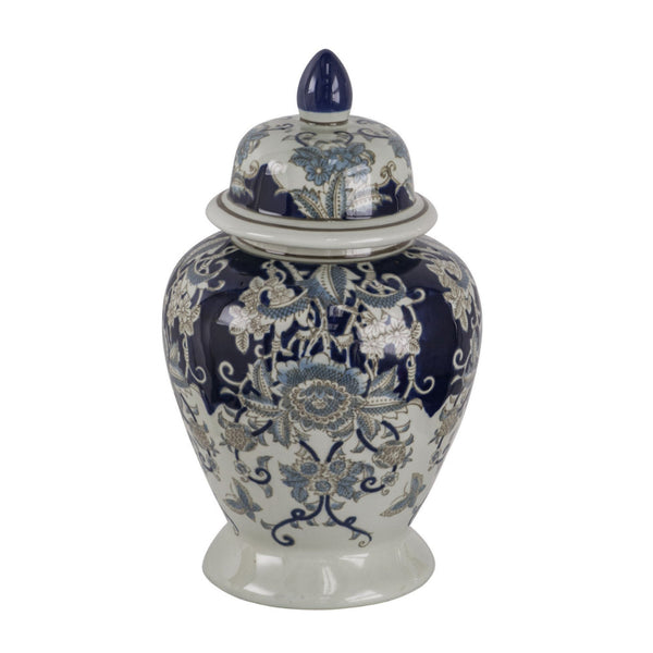 benzara 17 Inch Porcelain Ginger Jar with Lid Vintage Blue and White Flower Design - BM285943