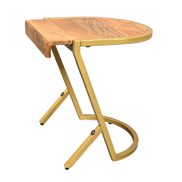 Benzara 17 Inch Side End C Table Natural Mango Wood Top With Drop Edge Iron Gold Angled Frame - UPT-276369