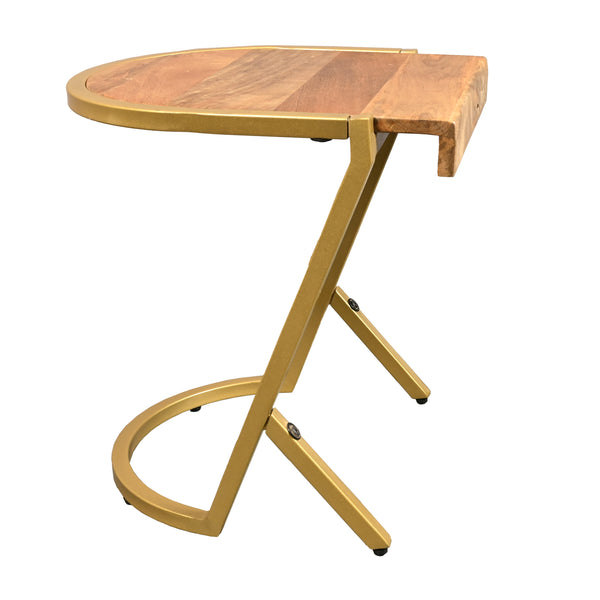 Benzara 17 Inch Side End C Table Natural Mango Wood Top With Drop Edge Iron Gold Angled Frame - UPT-276369