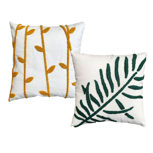 Benzara 17 X 17 Inch Square Cotton Accent Throw Pillows Leaf Embroidery Set Of 2 White Green Yellow By The Urban Port