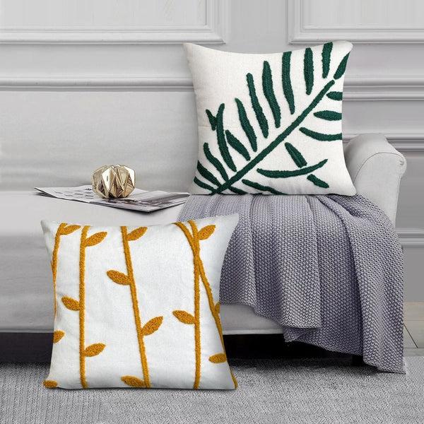 benzara 17 x 17 Inch Square Cotton Accent Throw Pillows Leaf Embroidery Set of 2 White Green Yellow By The Urban Port benzara 17 x 17 Inch Square Cotton Accent Throw Pillows Leaf Embroidery Set of 2 White Green Yellow By The Urban Port