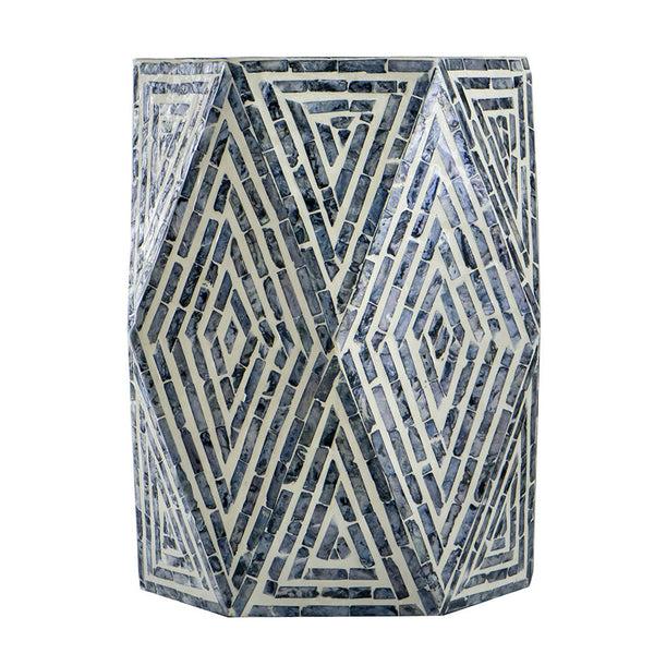 Benzara 18 Inch Accent Table Stool Hexagonal Design Diamond Pattern Blue White - BM284799