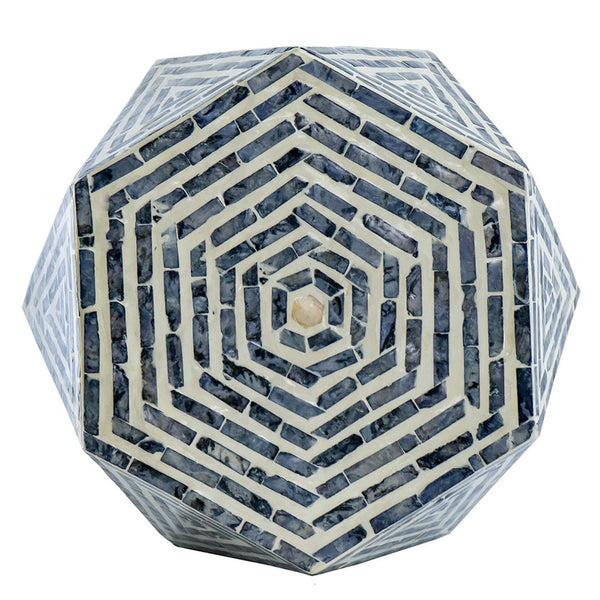 Benzara 18 Inch Accent Table Stool Hexagonal Design Diamond Pattern Blue White - BM284799