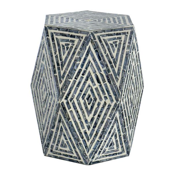 benzara 18 Inch Accent Table Stool Hexagonal Design Diamond Pattern Blue White - BM284799