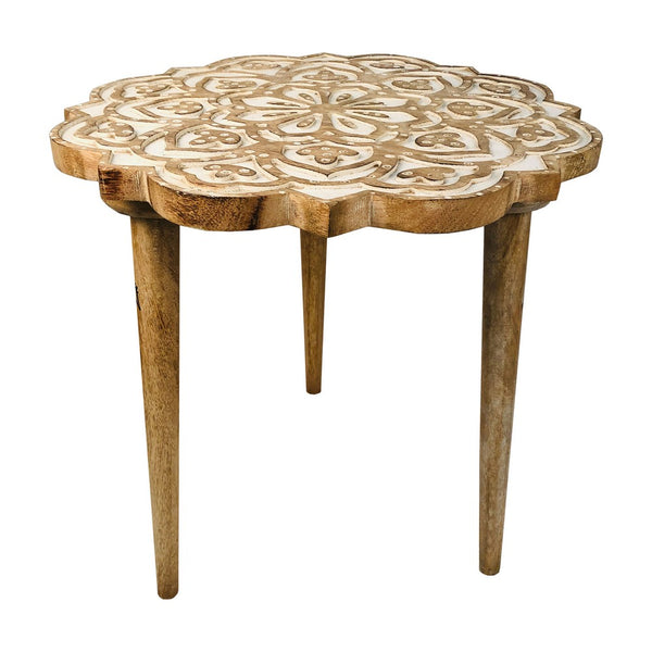 Benzara 18 Inch Handcrafted Mango Wood Side End Table Floral Carved Top Tripod Base Antique Brown White - UPT-248149