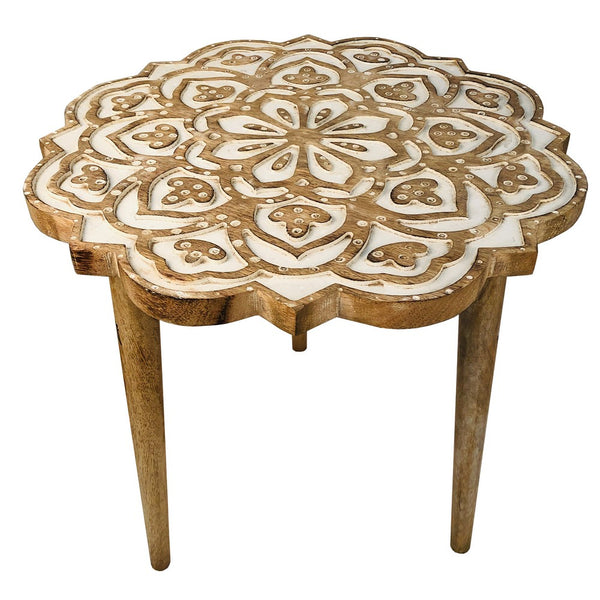 Benzara 18 Inch Handcrafted Mango Wood Side End Table Floral Carved Top Tripod Base Antique Brown White - UPT-248149