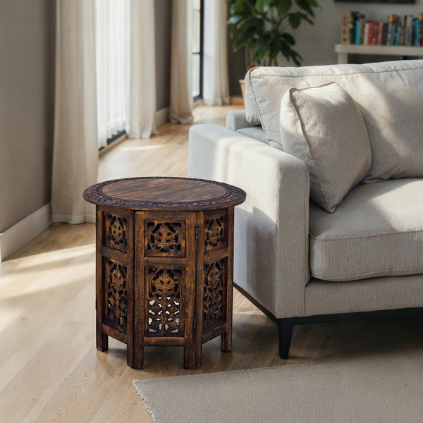 Benzara 18 Inch Mango Wood Folding Accent Table Hand Carved Walnut Brown - UPT-148946