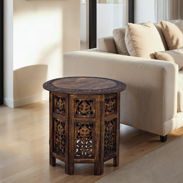 Benzara 18 Inch Mango Wood Folding Accent Table Hand Carved Walnut Brown - UPT-148946