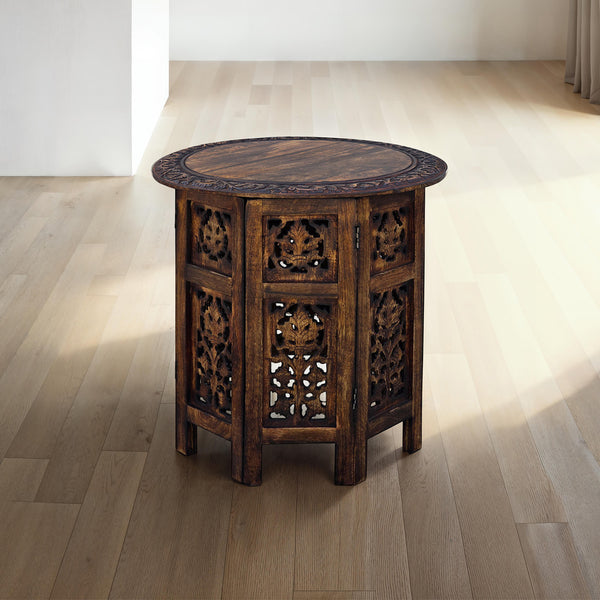 Benzara 18 Inch Mango Wood Folding Accent Table Hand Carved Walnut Brown - UPT-148946