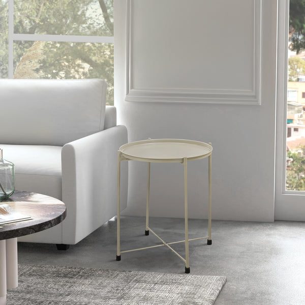 Benzara 18 Inch Modern Side End Table Round Metal Tray Top Foldable Legs Beige - UPT-302378