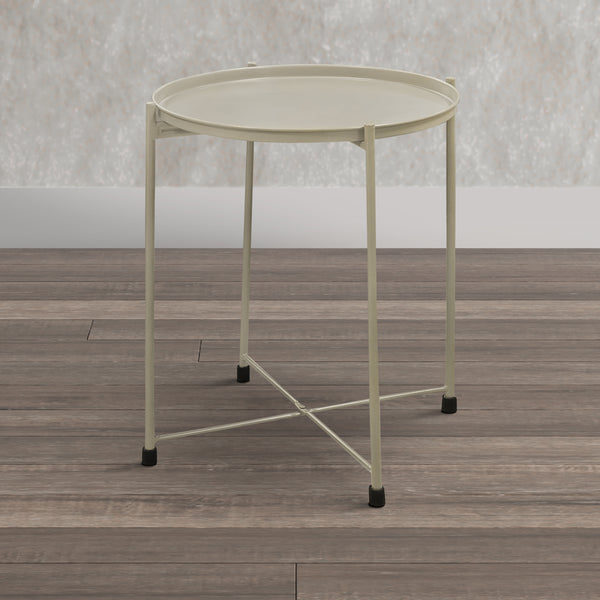 Benzara 18 Inch Modern Side End Table Round Metal Tray Top Foldable Legs Beige - UPT-302378