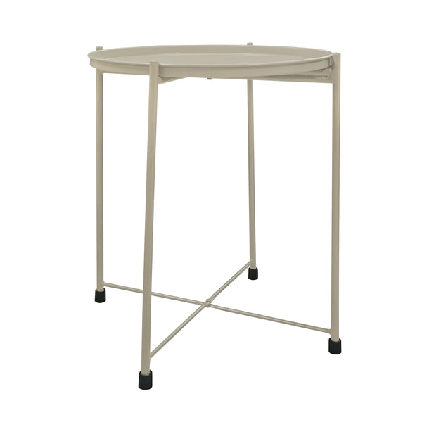 Benzara 18 Inch Modern Side End Table Round Metal Tray Top Foldable Legs Beige - UPT-302378