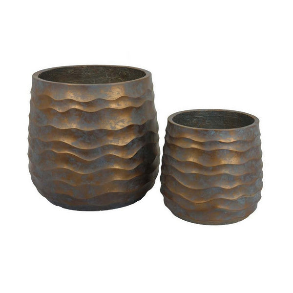 Benzara 18 Inch Planter Set Of 2 Wavy Design Indoor Outdoor Rustic Bronze Resin - BM309874