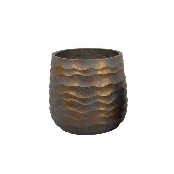 Benzara 18 Inch Planter Set Of 2 Wavy Design Indoor Outdoor Rustic Bronze Resin - BM309874