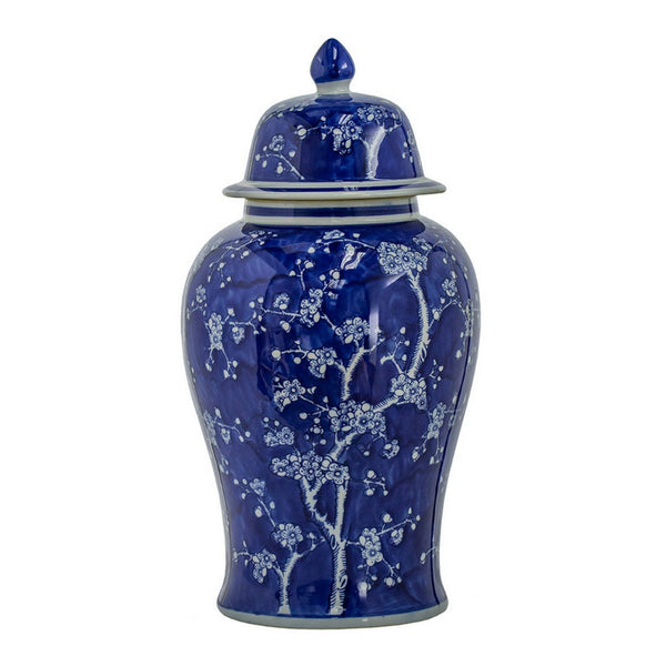 Benzara 18 Inch Porcelain Ginger Jar Finial Lid And Round Curved Blue Flowers - BM285950