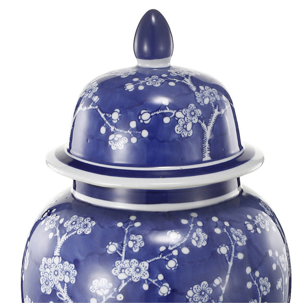 Benzara 18 Inch Porcelain Ginger Jar Finial Lid And Round Curved Blue Flowers - BM285950
