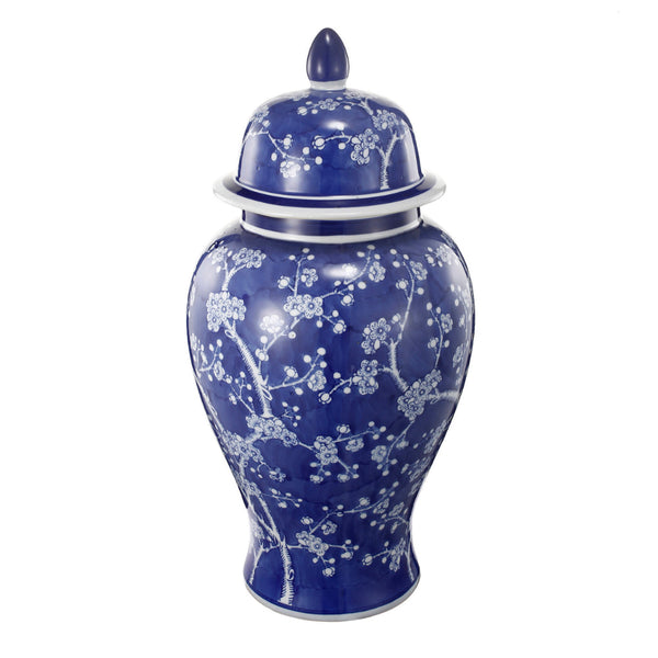 benzara 18 Inch Porcelain Ginger Jar Finial Lid and Round Curved Blue Flowers - BM285950