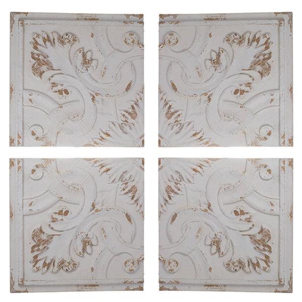 benzara 18 Inch Wall Art Panel Set of 4 Square Split Image Fir Wood White Brown - BM312856