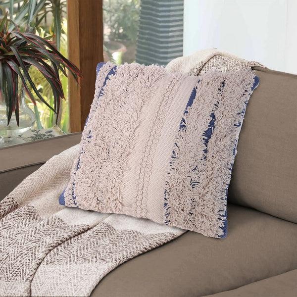 Benzara 18 X 18 Handcrafted Shaggy Cotton Accent Throw Pillows Woven Yarn Set Of 2 Beige Blue By The Urban Port