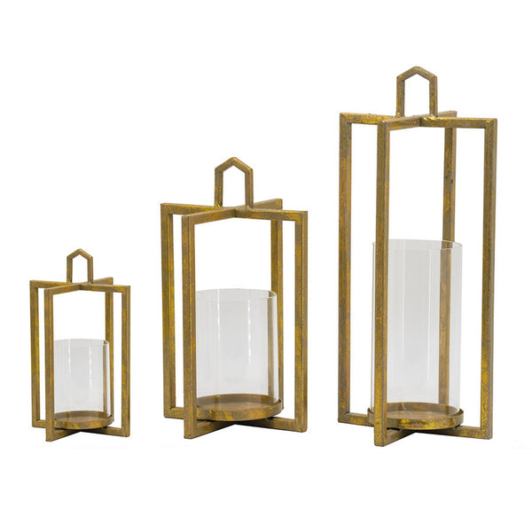 Benzara 19 15 11 Inch Lanterns Set Of 3 Tea Light Glass Holders Modern Gold - BM285278