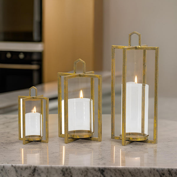 benzara 19 15 11 Inch Lanterns Set of 3 Tea Light Glass Holders Modern Gold - BM285278