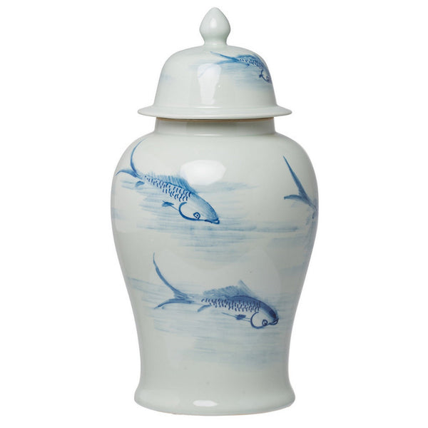 Benzara 19 Inch Ginger Jar Lidded Painted Blue Koi Fish Over White Porcelain - BM285885