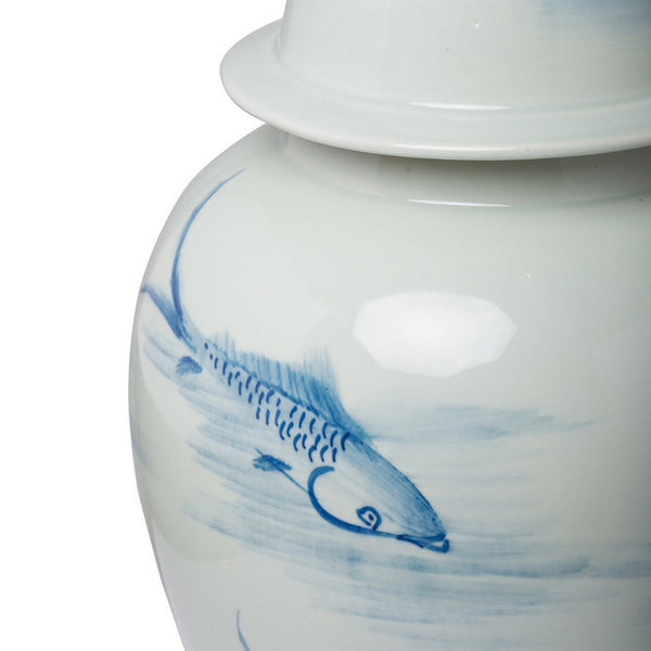 Benzara 19 Inch Ginger Jar Lidded Painted Blue Koi Fish Over White Porcelain - BM285885