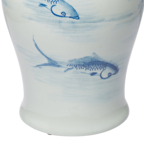 Benzara 19 Inch Ginger Jar Lidded Painted Blue Koi Fish Over White Porcelain - BM285885